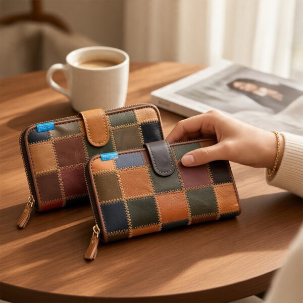 Ženski kožni novčanik s patchwork kvadratima u više boja, dekorativnim šavovima, kožnim preklopom i patentnim zatvaračem.