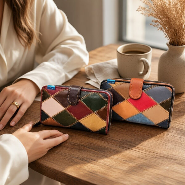Ženski kožni novčanik s patchwork uzorkom od raznobojnih kožnih dijelova, dekorativnim šavovima i kopčanjem.